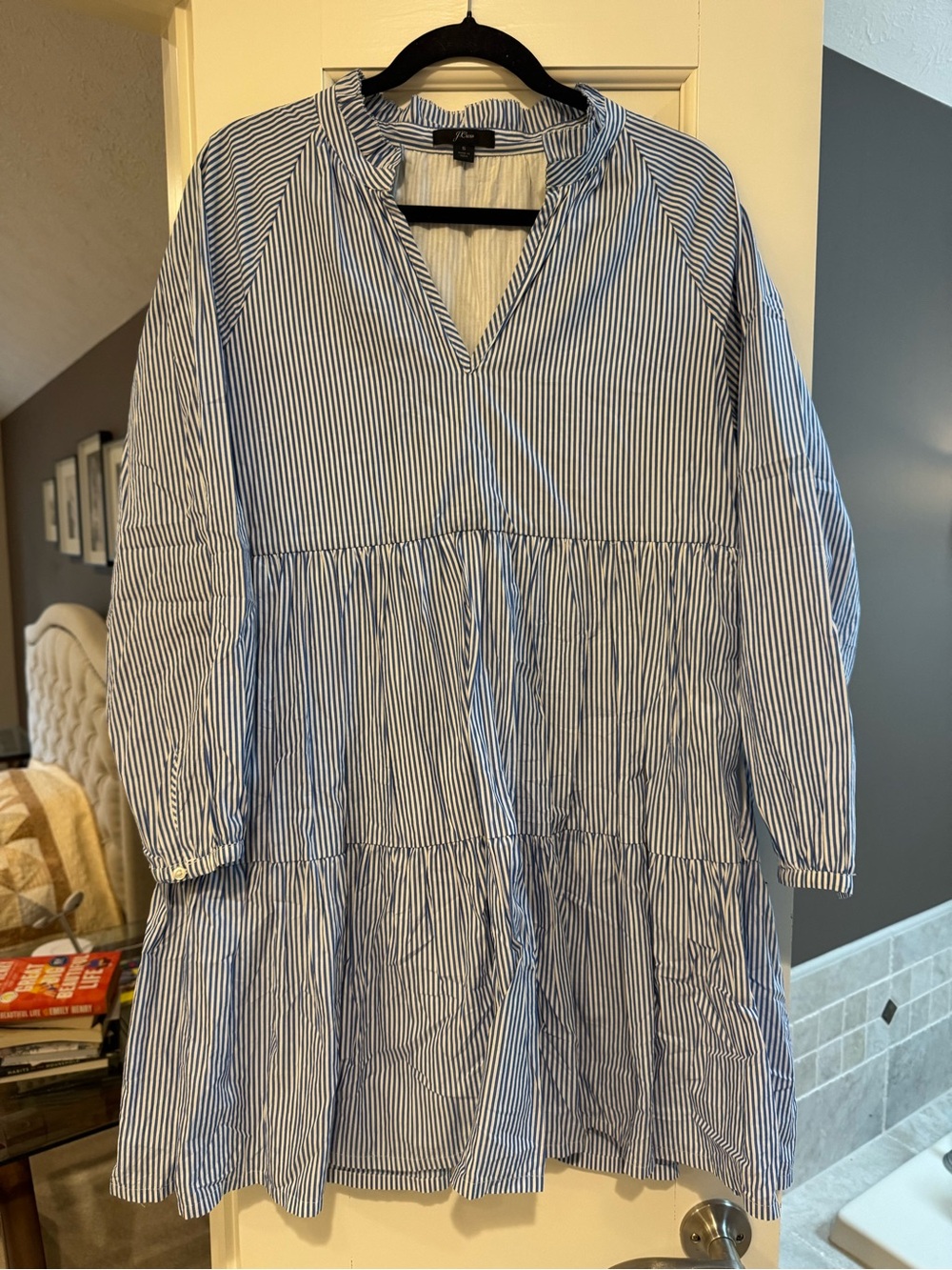 J. Crew Blue and White Striped Tiered Casual Dress